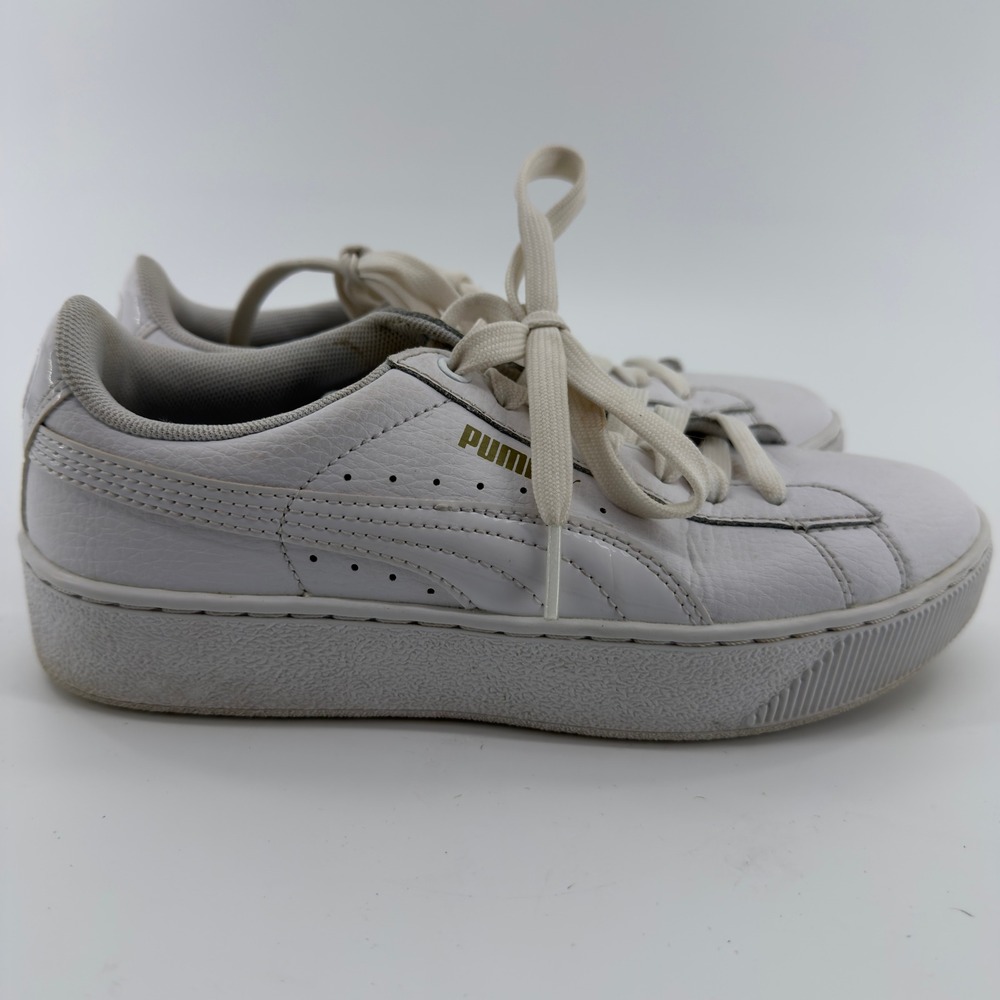 Puma Basket Platform Core White Leather Gold Logo Sneakers Womens 6